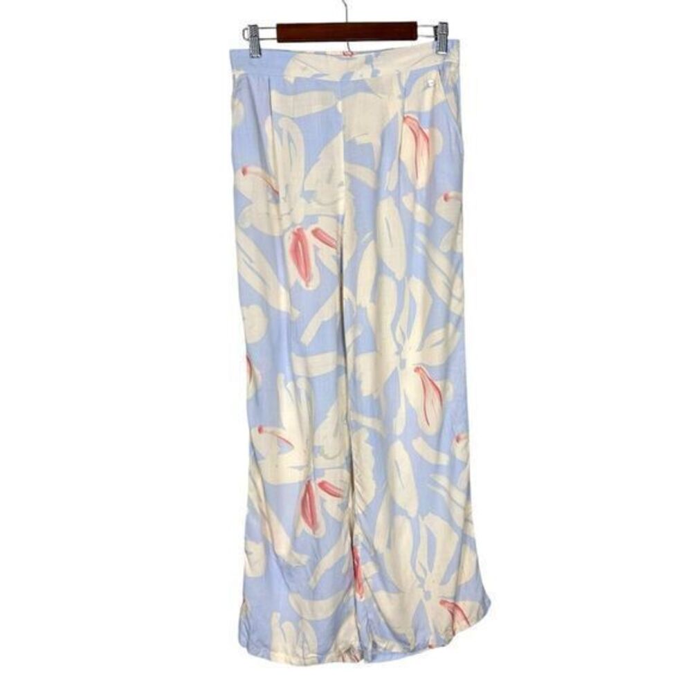 NWT Punto Blanco Pants Womens Medium Blue Yellow High Waist Wide Leg Floral